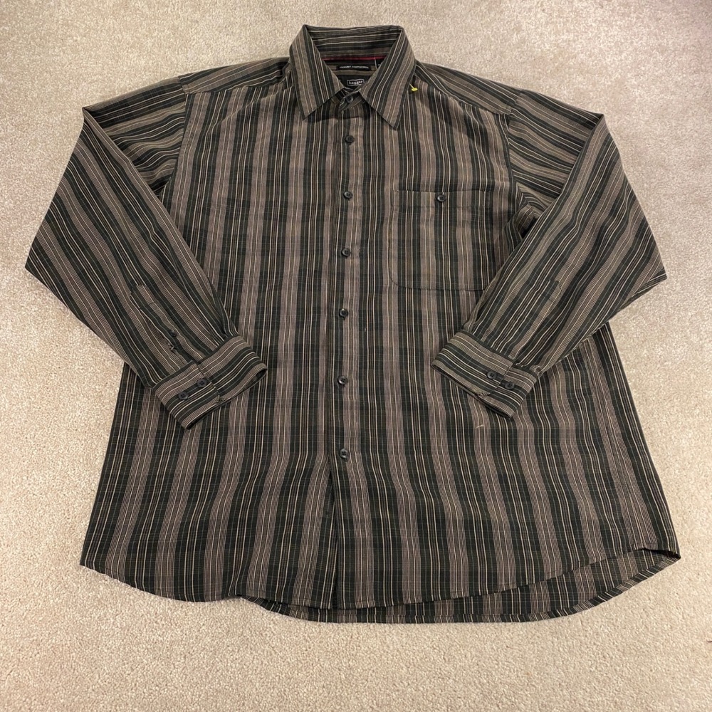 Haggar Button Down Shirt‎ Mens Large Brown Black Striped Luxury Microfiber